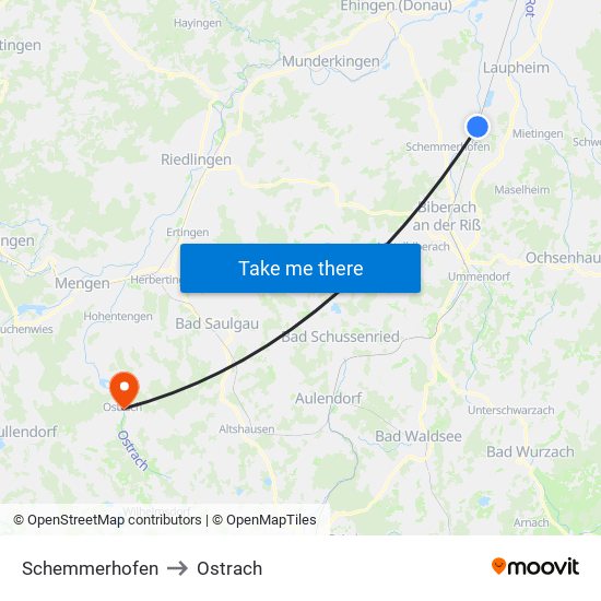 Schemmerhofen to Ostrach map