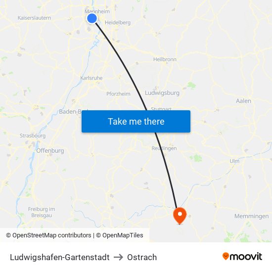 Ludwigshafen-Gartenstadt to Ostrach map