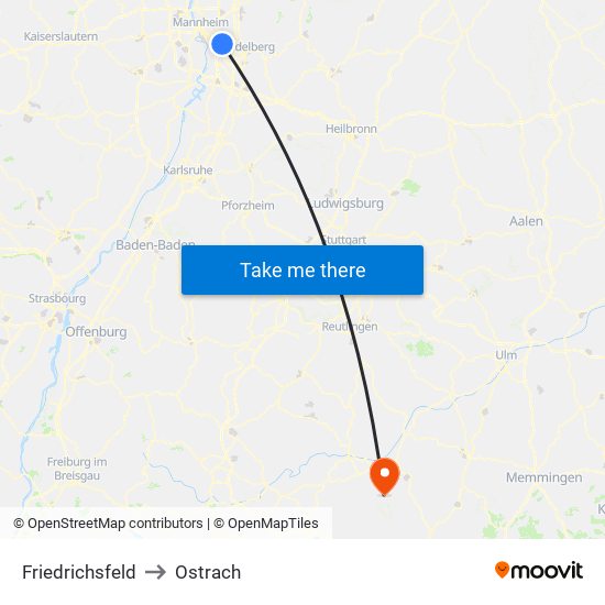 Friedrichsfeld to Ostrach map