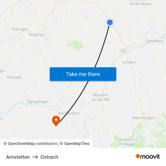 Amstetten to Ostrach map