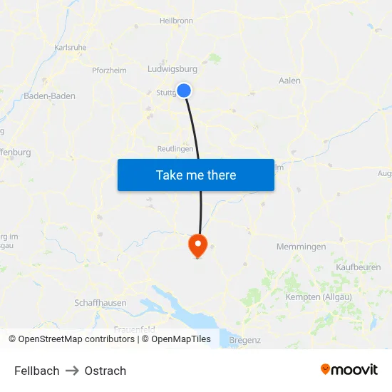 Fellbach to Ostrach map