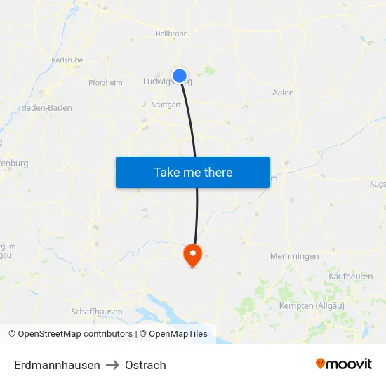 Erdmannhausen to Ostrach map