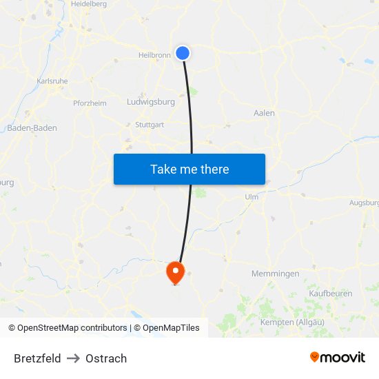 Bretzfeld to Ostrach map
