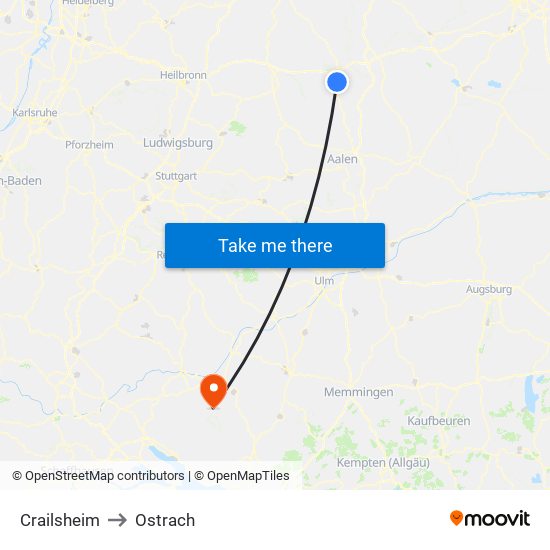 Crailsheim to Ostrach map