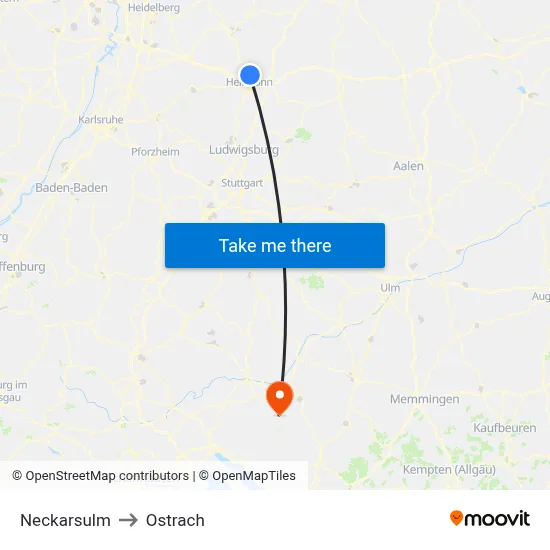 Neckarsulm to Ostrach map