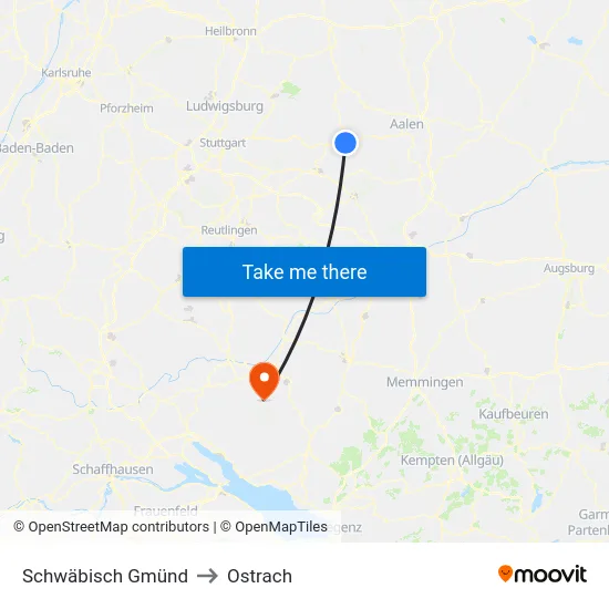 Schwäbisch Gmünd to Ostrach map