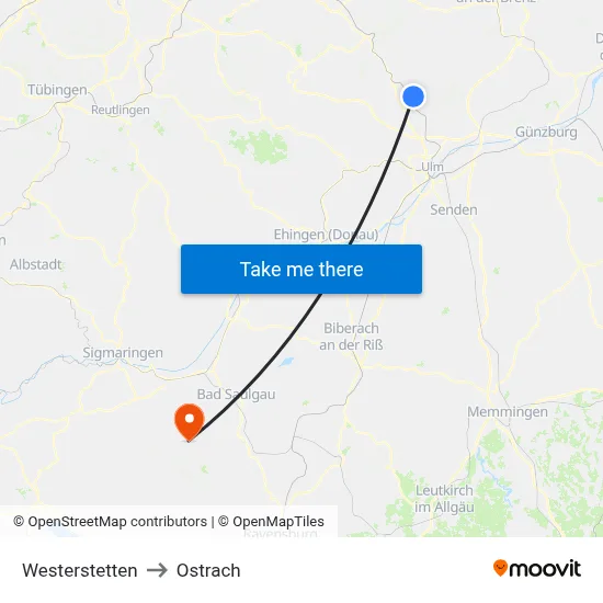 Westerstetten to Ostrach map