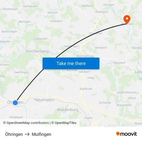Öhringen to Mulfingen map