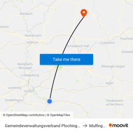 Gemeindeverwaltungsverband Plochingen to Mulfingen map