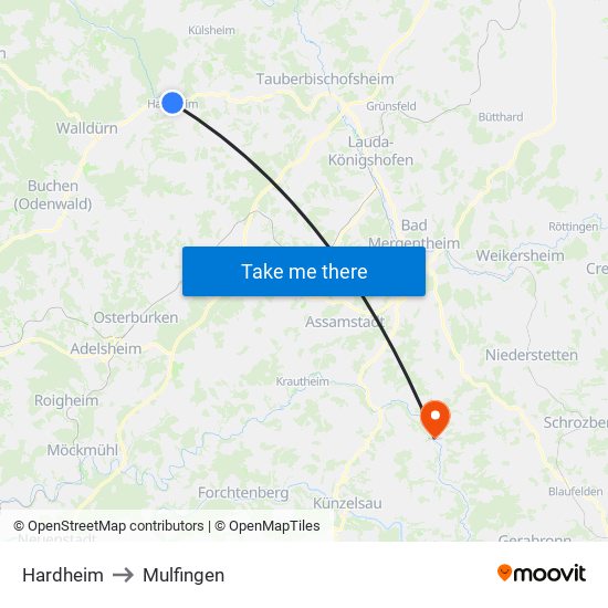 Hardheim to Mulfingen map