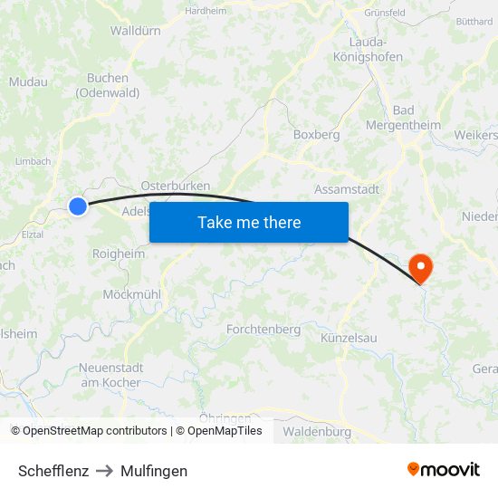 Schefflenz to Mulfingen map