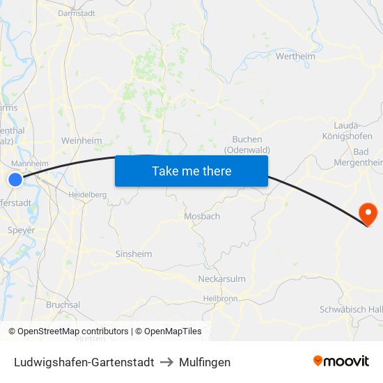 Ludwigshafen-Gartenstadt to Mulfingen map