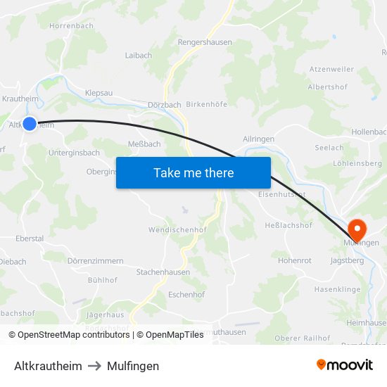 Altkrautheim to Mulfingen map