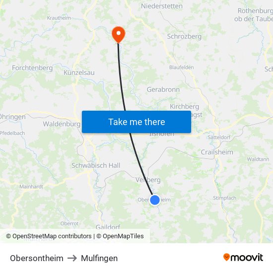Obersontheim to Mulfingen map