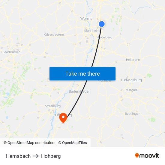 Hemsbach to Hohberg map