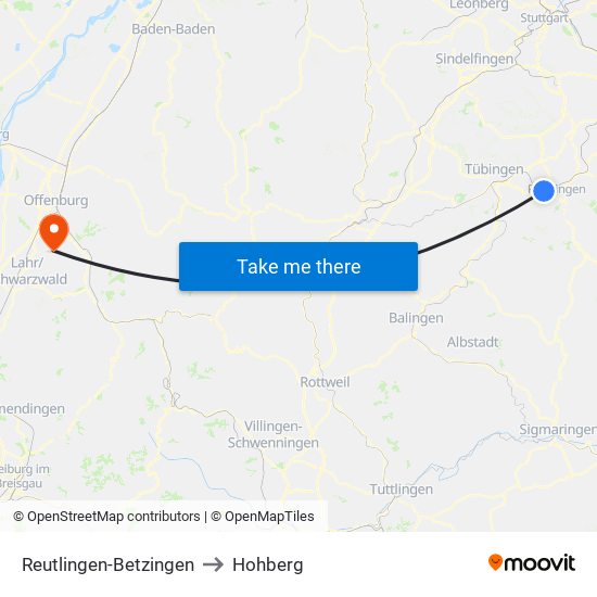 Reutlingen-Betzingen to Hohberg map