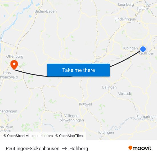 Reutlingen-Sickenhausen to Hohberg map