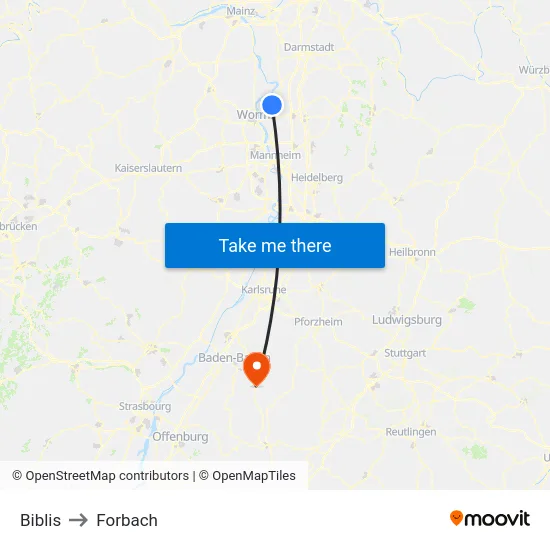 Biblis to Forbach map