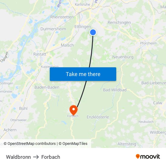 Waldbronn to Forbach map