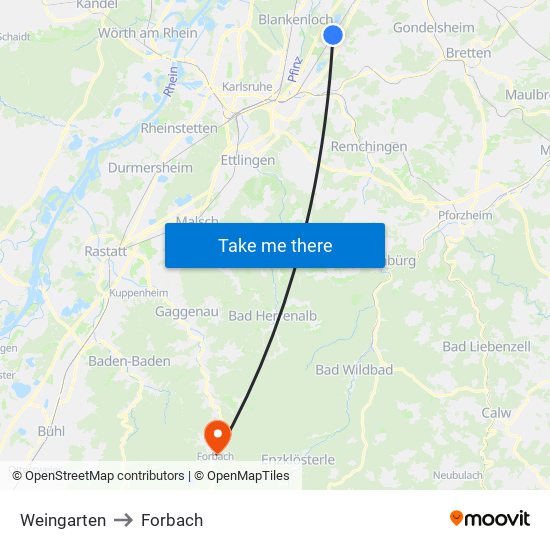 Weingarten to Forbach map