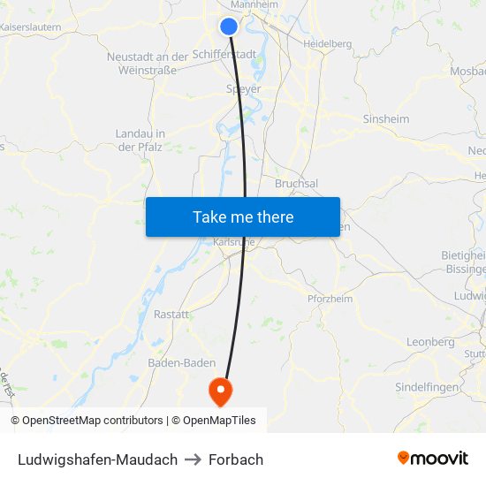Ludwigshafen-Maudach to Forbach map