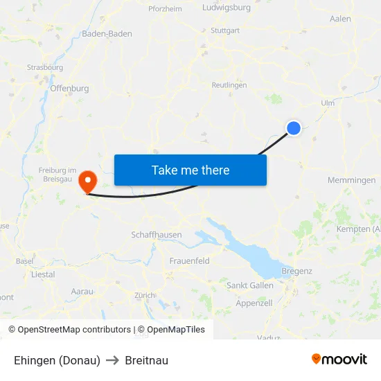 Ehingen (Donau) to Breitnau map
