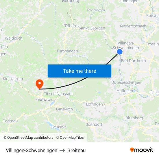 Villingen-Schwenningen to Breitnau map