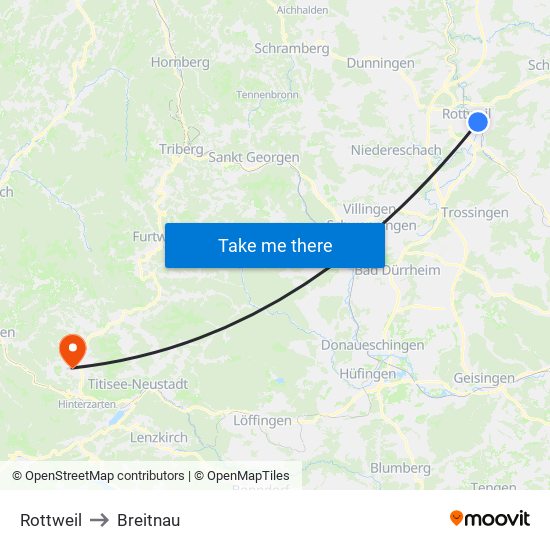 Rottweil to Breitnau map