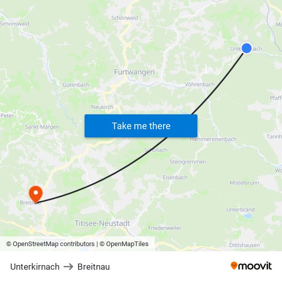 Unterkirnach to Breitnau map