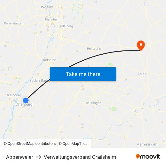 Appenweier to Verwaltungsverband Crailsheim map