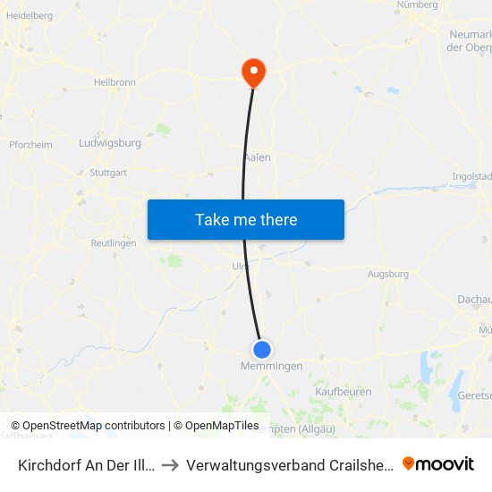 Kirchdorf An Der Iller to Verwaltungsverband Crailsheim map