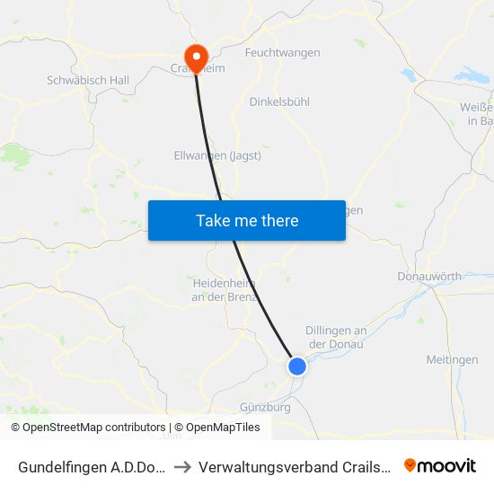 Gundelfingen A.D.Donau to Verwaltungsverband Crailsheim map