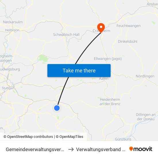 Gemeindeverwaltungsverband Voralb to Verwaltungsverband Crailsheim map