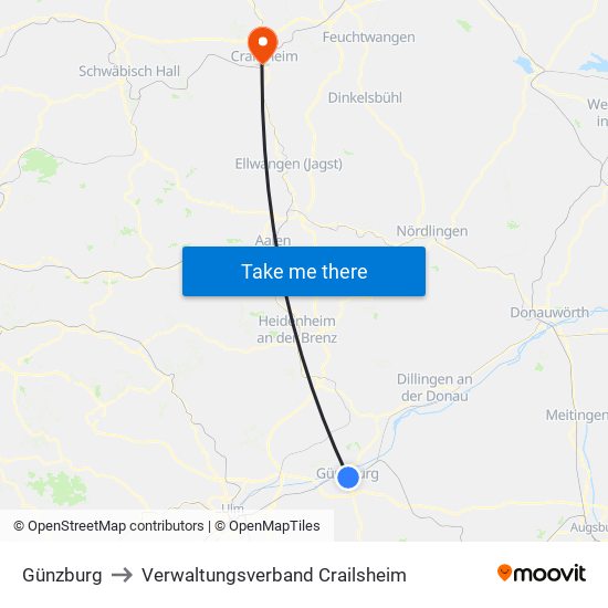 Günzburg to Verwaltungsverband Crailsheim map