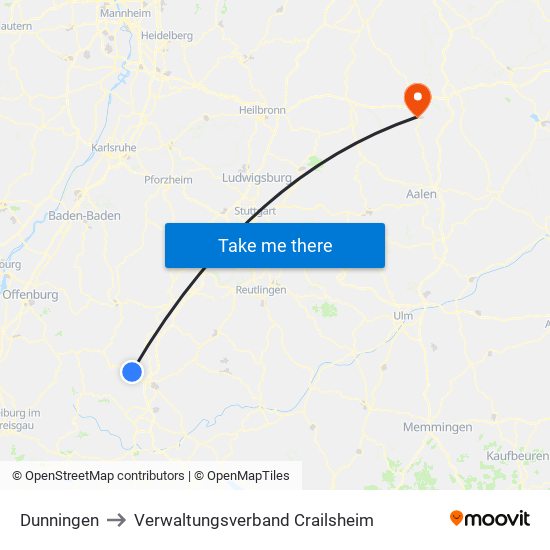 Dunningen to Verwaltungsverband Crailsheim map