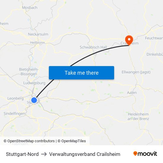 Stuttgart-Nord to Verwaltungsverband Crailsheim map