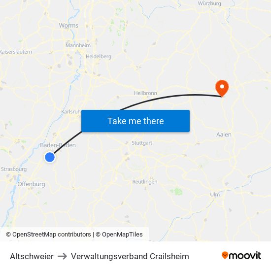 Altschweier to Verwaltungsverband Crailsheim map