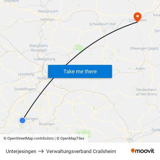 Unterjesingen to Verwaltungsverband Crailsheim map