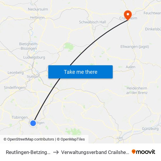 Reutlingen-Betzingen to Verwaltungsverband Crailsheim map