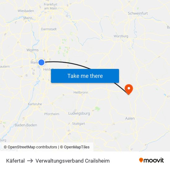 Käfertal to Verwaltungsverband Crailsheim map