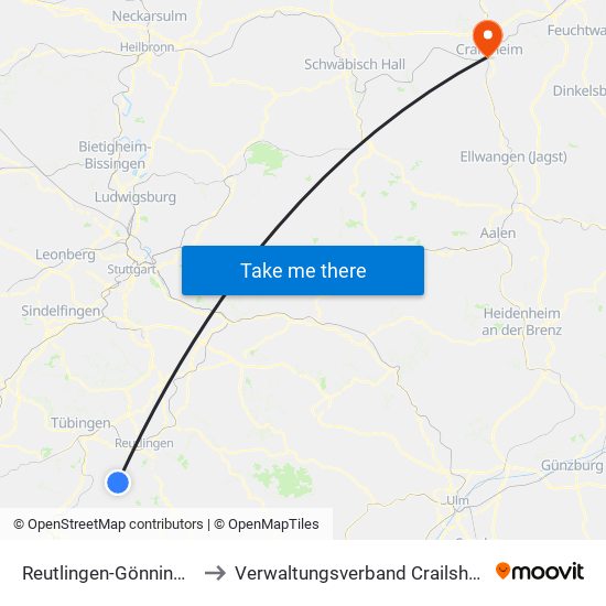 Reutlingen-Gönningen to Verwaltungsverband Crailsheim map