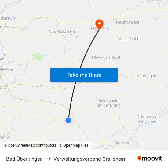 Bad Überkingen to Verwaltungsverband Crailsheim map