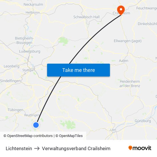 Lichtenstein to Verwaltungsverband Crailsheim map