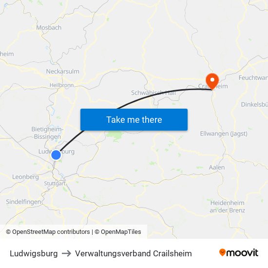 Ludwigsburg to Verwaltungsverband Crailsheim map