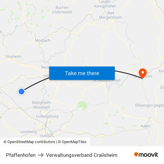 Pfaffenhofen to Verwaltungsverband Crailsheim map