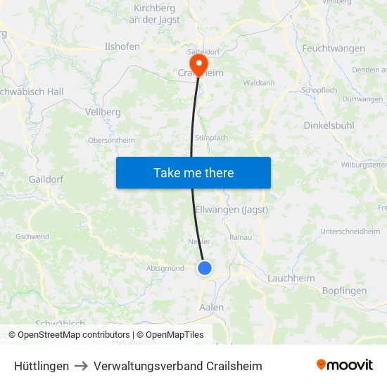 Hüttlingen to Verwaltungsverband Crailsheim map