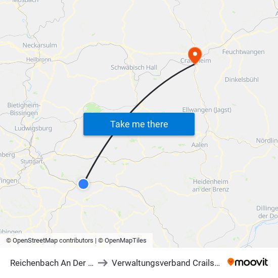 Reichenbach An Der Fils to Verwaltungsverband Crailsheim map