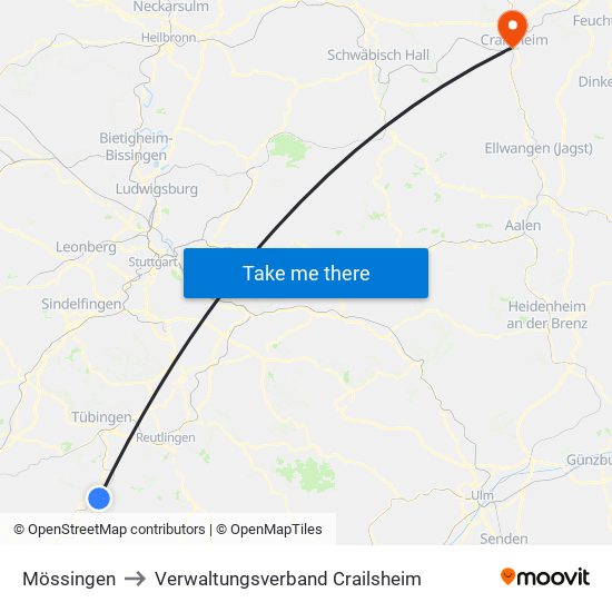 Mössingen to Verwaltungsverband Crailsheim map