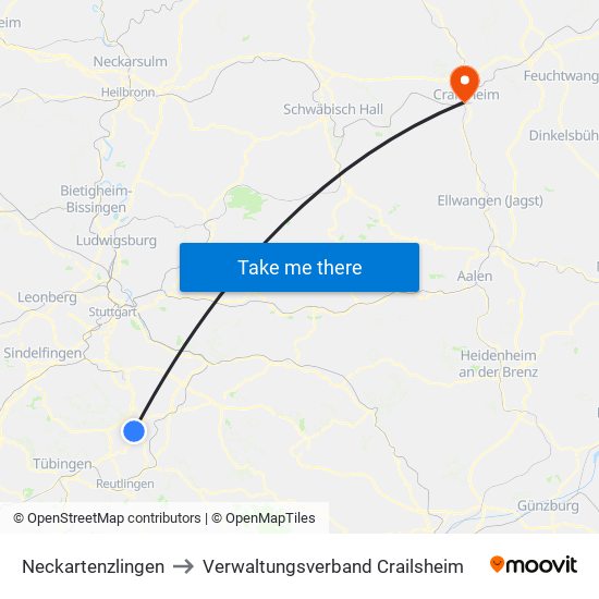 Neckartenzlingen to Verwaltungsverband Crailsheim map