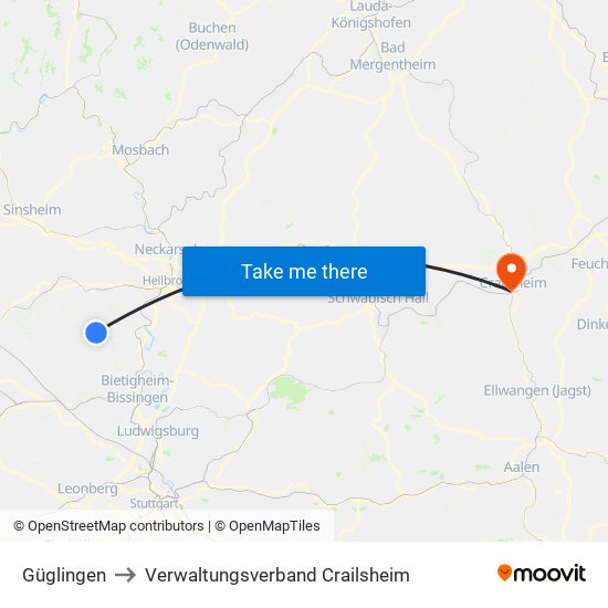 Güglingen to Verwaltungsverband Crailsheim map